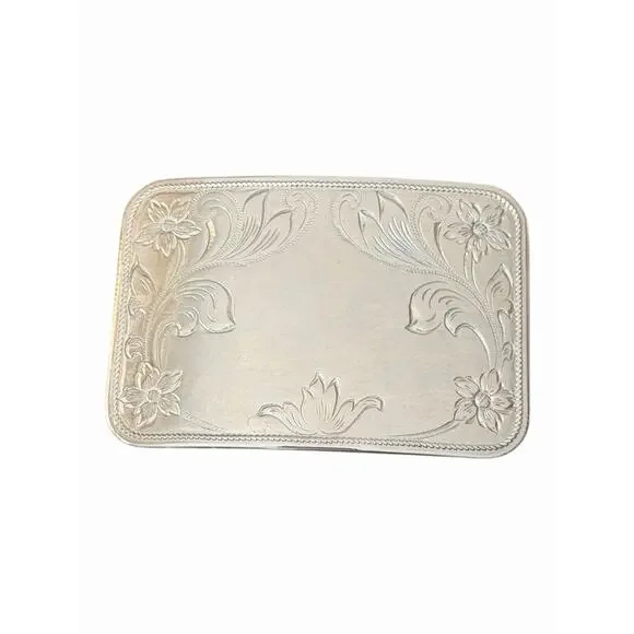 Vintage Belt Buckle Faux Silver with Flower Etching Unbranded 3 1/4 x 2” - Picture 2 of 7